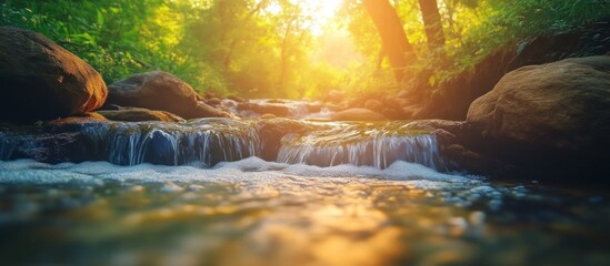 Obraz premium A tranquil stream flows through a lush forest with the sun shining brightly.