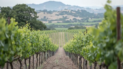 Serene Vineyard Landscape with Rows of Green Grapevines and Distant Mountains on a Cloudy Day in the Background