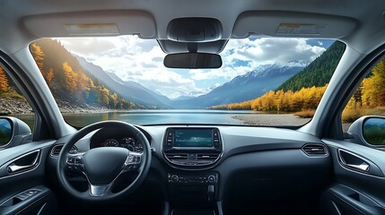 Naklejka premium Autumn Mountain Lake View From Car Interior