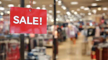 SALE sign in bold red amidst busy store backdrop, ideal for retail promotions