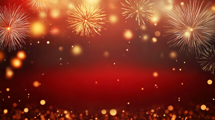 Fototapeta premium Festive Fireworks Background with Sparkling Bokeh on a Vibrant Red and Gold Palette