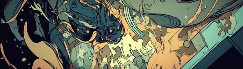 An intense graphic illustration of a creature emerging from a container, creating chaos.