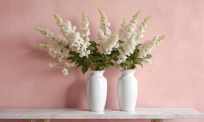 Fototapeta premium Elegant white lilacs in tall white vase on soft pink wall, stylish, floral decor