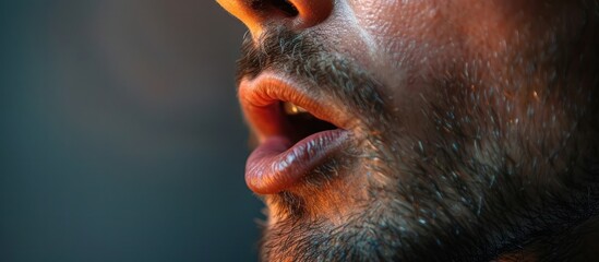 Obraz premium Intense Dramatic Close up of a Bearded Man s Face Showing Strong Masculine Features and a Pensive Thoughtful Expression Under Moody Lighting