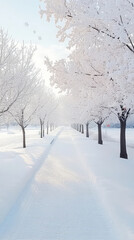 Fototapeta premium A tranquil pathway is surrounded by trees blanketed in snow, creating a peaceful winter atmosphere under soft sunlight