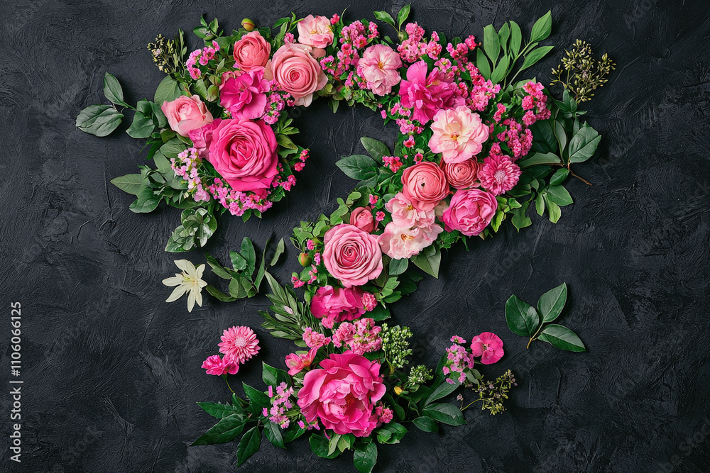 Poster a creative floral design features colorful roses and blooms arranged in the shape of a question mark