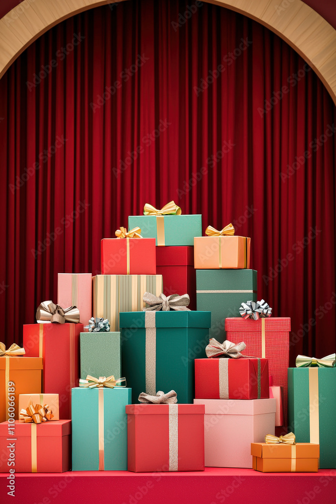 Poster a collection of vibrant gift boxes stacked elegantly in front of a rich red curtain, creating a joyf