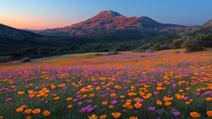 A vibrant field of wildflowers with a mountain backdrop during sunset.