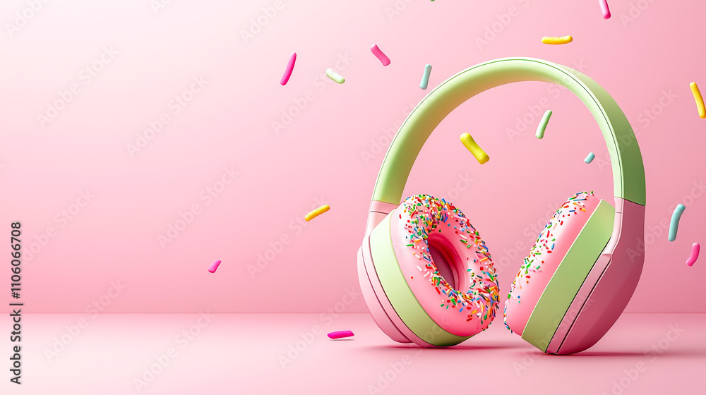 Poster bright headphones designed to resemble a donut are positioned on a pink surface with colorful sprink