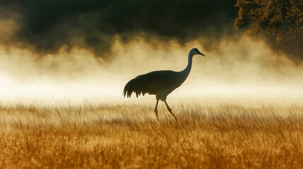 Obraz premium A majestic crane walks through the golden grass, enveloped by soft morning mist. This tranquil scene captures the beauty of wildlife at dawn.