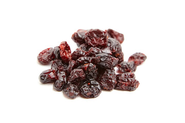 A compact pile of dried cranberries with wrinkled textures and deep red hues, isolated on a white background. Perfect for healthy snacks or cooking