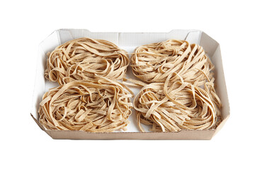 Fresh whole wheat tagliatelle pasta neatly portioned in a biodegradable cardboard tray. Ideal for cooking authentic, healthy Italian recipes