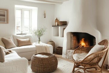 Fototapeta premium Cozy Living Room With Fireplace And Natural Decor