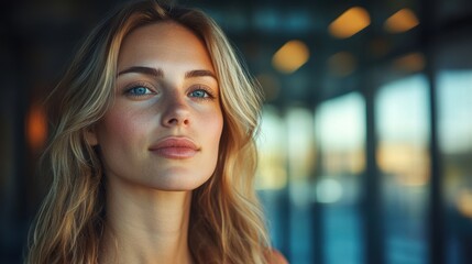 A serene moment captured through the lens, highlighting the calm expression and captivating blue eyes of a woman, reflecting inner peace and subtle confidence in a tranquil setting.