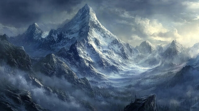 A large snowy mountain range with dramatic clouds and mist