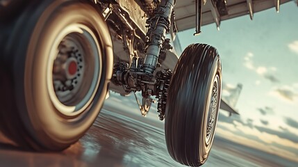 Close-up of an aircraft landing gear wheel on a runway during takeoff or landing.