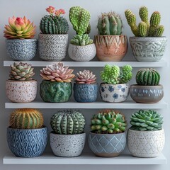 photostock of Collection of various cactus and succulent plants in different pots