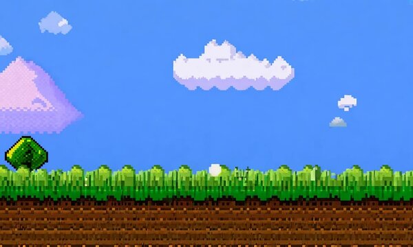 Pixel art game background with bright sky, clouds, mountain, and green grass landscape