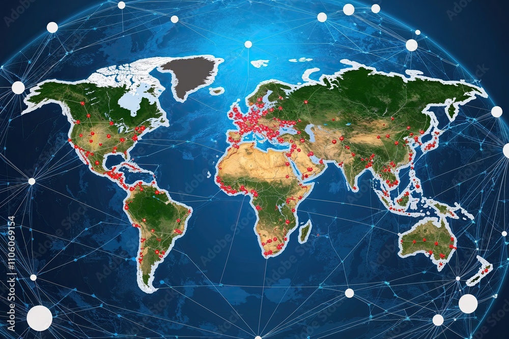 Poster connected world map: global node and line visualization of networked commerce and digital communicat