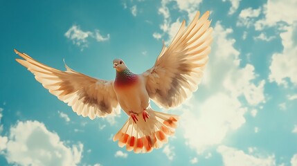 Fototapeta premium A majestic pigeon soaring against a bright blue sky with fluffy clouds.