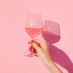 Glass of red wine in girl's hand on pastel pink background. Minimal composition for parties and holidays.