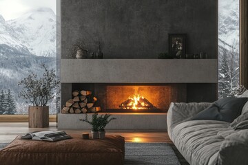 Cozy Mountain Cabin Living Room Fireplace Scene
