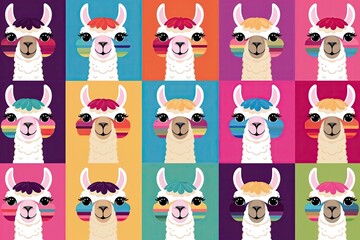 Obraz premium Whimsical and Vibrant Cute Llama Pet Face Collection in Colorful Flat Illustration Style