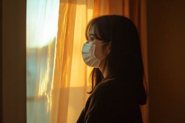 Pandemic Fatigue. Portrait of Young Beautiful Asian Woman in Face Mask Looking Out of Window with Hope