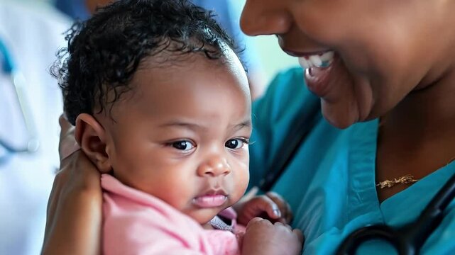 Happy mother is filled with joy as she holds her newborn baby for the first time, surrounded by medical professionals in the hospital room