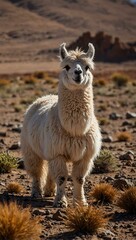 Fototapeta premium Fluffy llama grazing in the Atacama Desert, Chile.