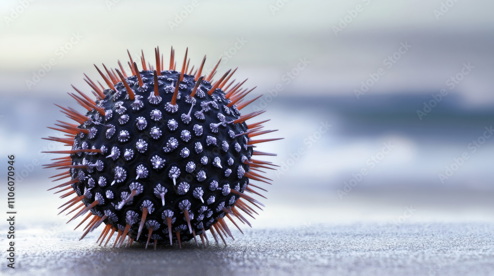 Poster intriguing portrayal of a virus under a microscope, resting against a backdrop of the sea, emphasizi