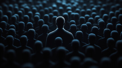 Businessman standing out in a crowd of people all facing the same direction, symbolizing leadership and individuality
