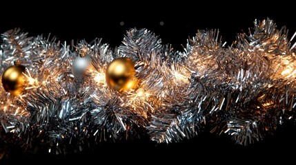 A shimmering tinsel garland in gold and silver, draped along the edge of a Christmas tree, reflecting the light of ornaments