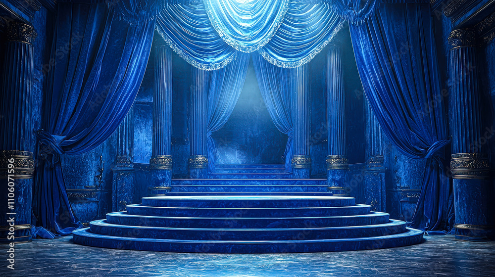 Aufkleber stunning blue curtains frame a beautifully lit stage with grand steps, creating an enchanting atmosp