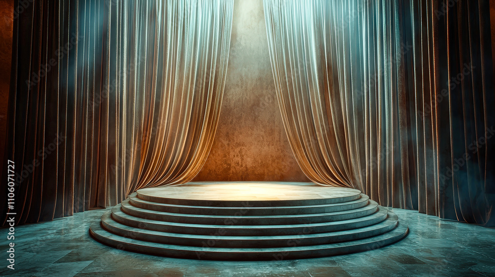 Aufkleber The stage features elegant curtains and a well-lit platform, creating an inviting atmosphere for a theatrical performance