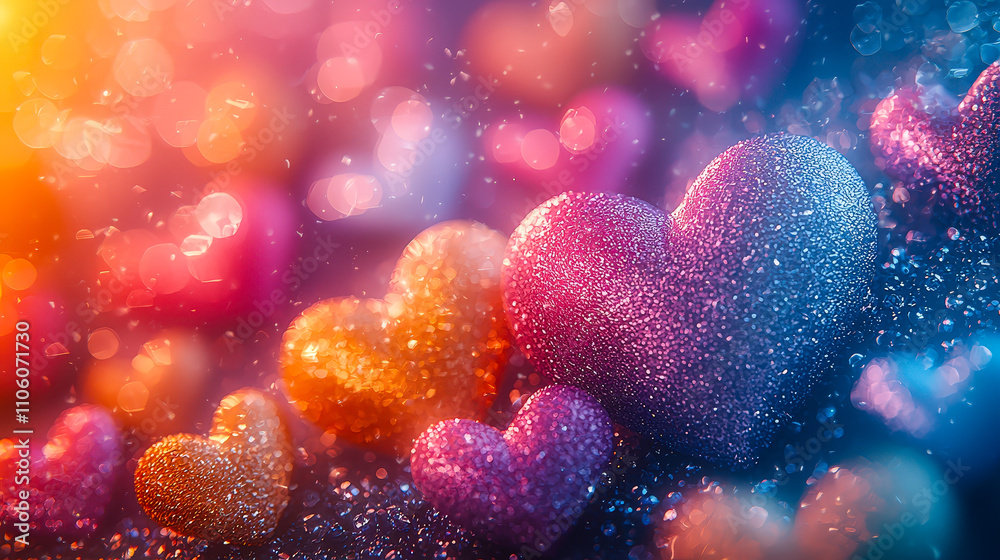 Poster Shimmering hearts in various colors sparkle against a blurred, colorful backdrop, adding a sense of joy and celebration to the scene