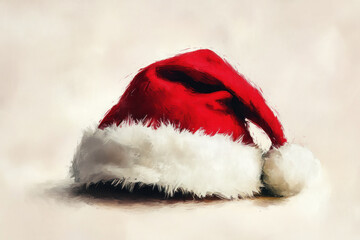 A painting of a Santa hat on a white background, vibrant red and fluffy white with intricate details, perfect for holiday decorations.