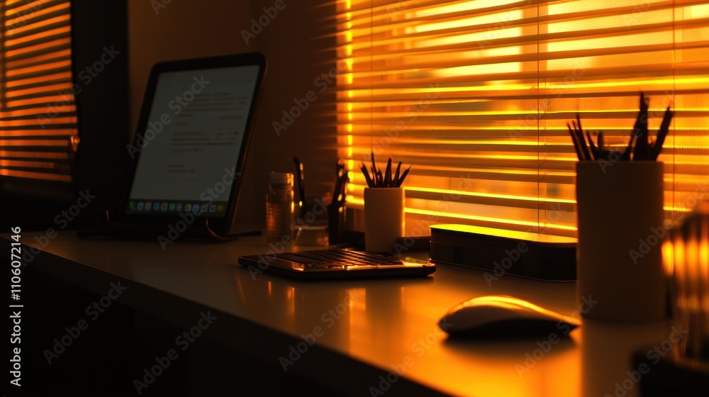 Poster Golden Hour Workspace With Tablet Keyboard And Mouse