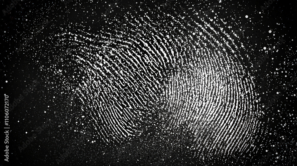 Poster intricate, swirling patterns resembling fingerprints emerge vividly against a black backdrop, highli