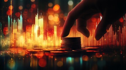 A hand stacking coins with a sharp upward trend graph superimposed in the background
