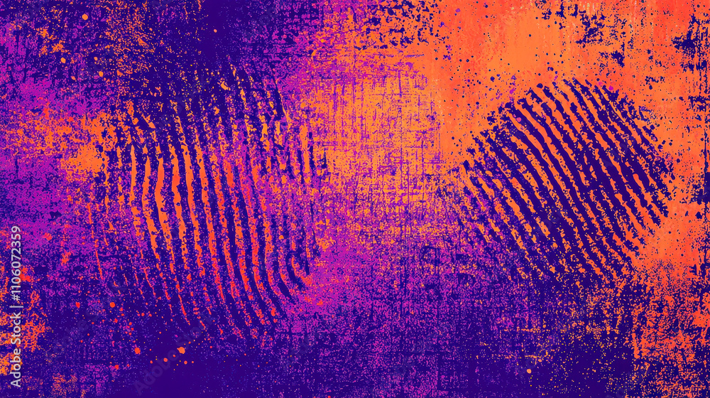 Poster overlapping fingerprint patterns on a textured surface, blending vibrant shades of purple and orange for a striking visual