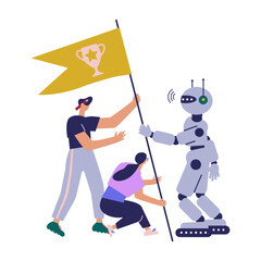 Obraz premium Teamwork with AI robot. Partnership with a robot concept. Achieving the goal with a robot AI and flag as a symbol of success and heights. Flat cartoon vector illustration.
