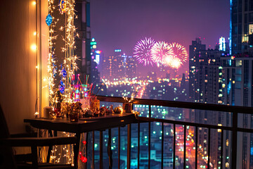 Festlich dekorierter Balkon mit einer herrlichen Sicht auf das Neujahrsfeuerwerk. Kleine Lichter und Dekorationen ergänzen die beeindruckende Kulisse.