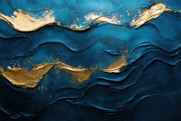 Naklejka premium Blue and gold abstract painting with swirling shapes and vibrant colors, exuding a sense of movement and energy.