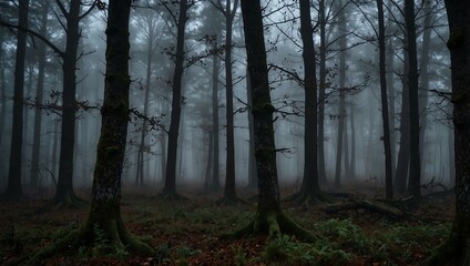 Fototapeta premium Fog and shadows in a scary forest.