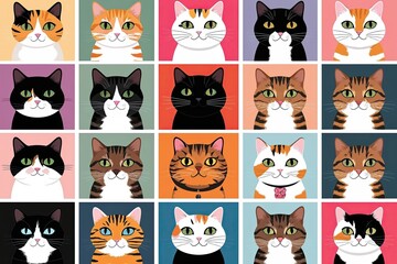 Colorful Playful Cat Faces Artistic Collection of Cute Feline Illustrations