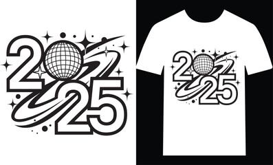New Year Design, 2025, Disco Ball, Retro Futuristic, Black and White, Vector Illustration