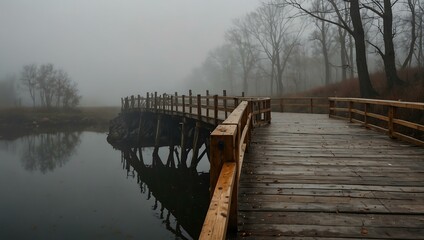 Obraz premium Foggy bridge with a wooden railing.