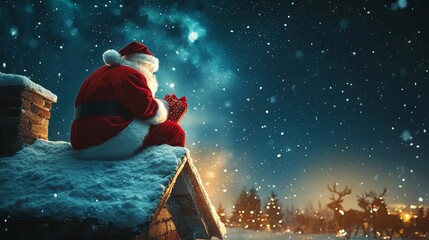 Santa Claus watching the snowy night sky from a rooftop during Christmas festivities.