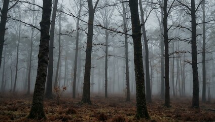 Foggy forest in autumn and winter weather.